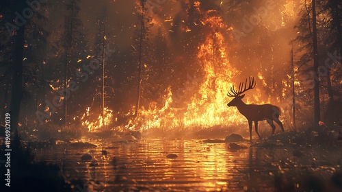 Deer facing wildfire forest nature scene dramatic environment side view survival instincts