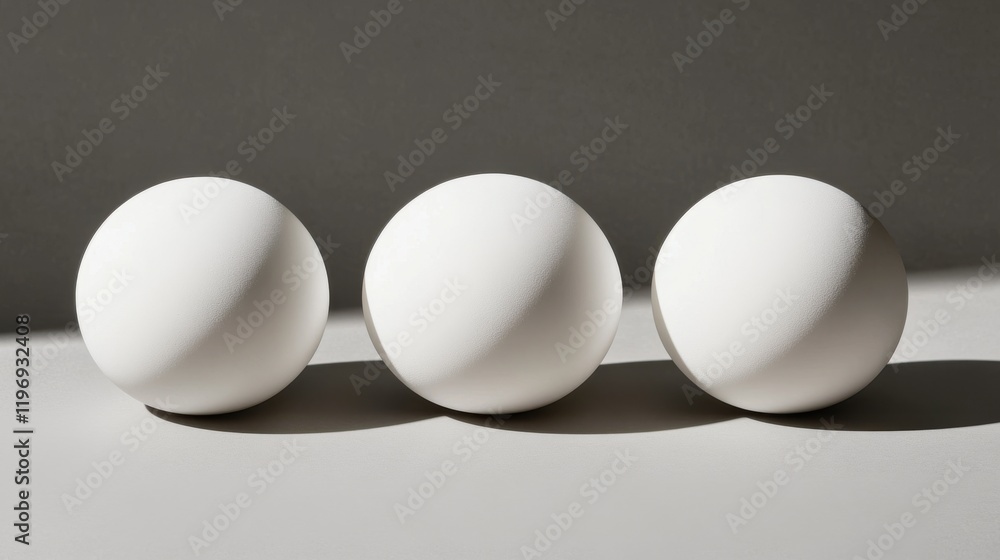 A row of three identical white spheres casting soft shadows A row of three identical white spheres casting soft shadows