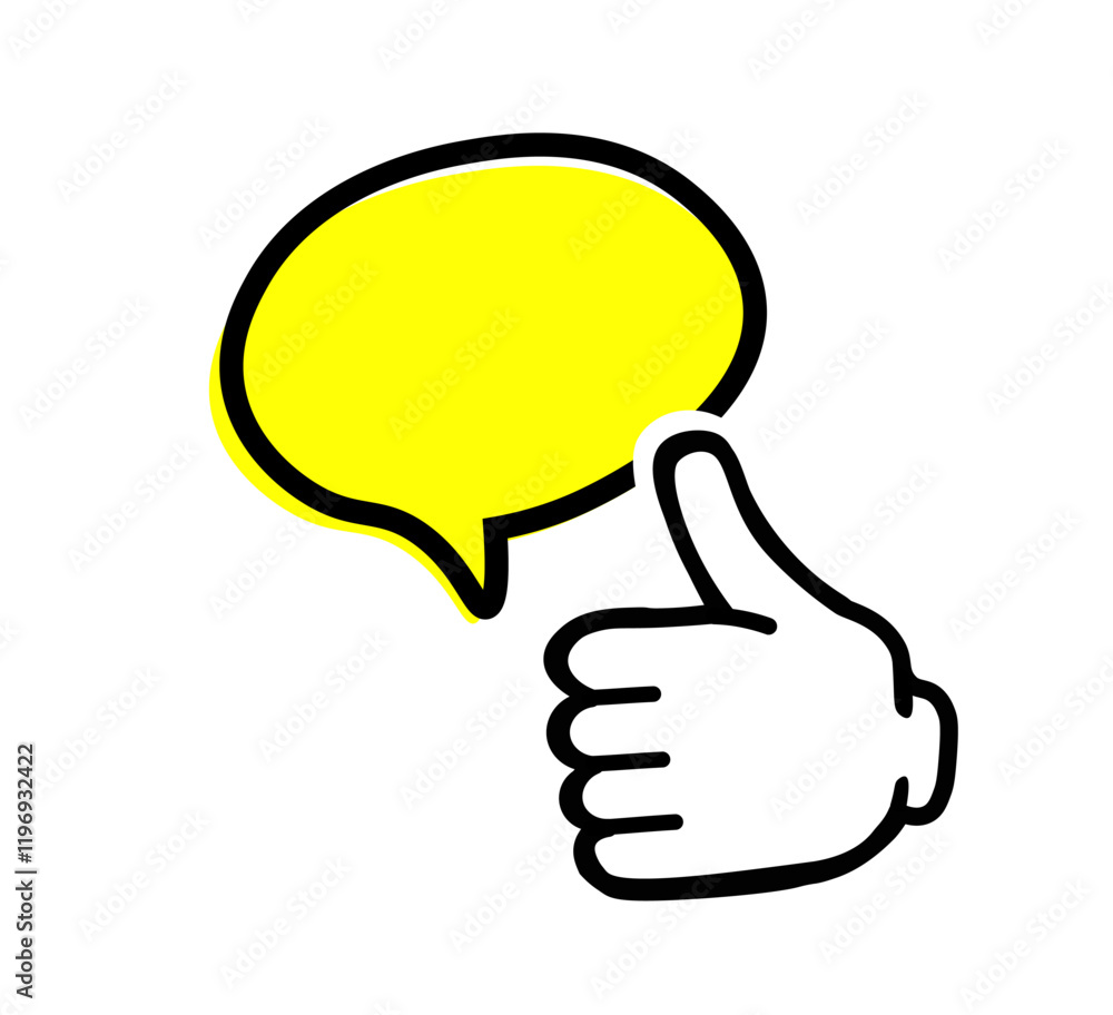 Speech bubble. Up hand white. Gesture. yellow bubble. Vector illustration background. Speech bubble. Up hand white. Gesture. yellow bubble. Vector illustration background.