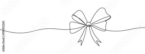 Ribbon bow tied at edge of frame, line art, vector on transparent background.