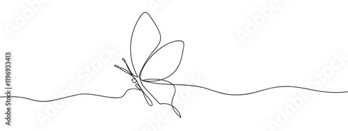 Butterfly spreads its wings, line art, vector on transparent background.