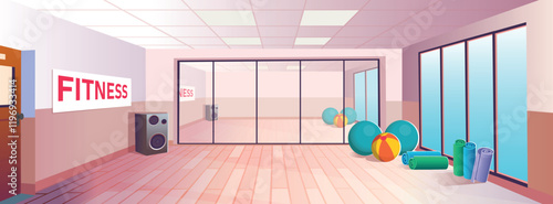 Cartoon fitness room interior, doing morning exercises, doing sports, doing exercises, fitness, dancing, sports. Flat Vector Illustration.