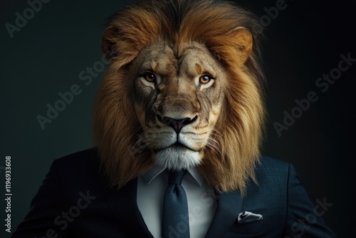 Male lion head wearing suit and tie. Fierce looking businessman. photo