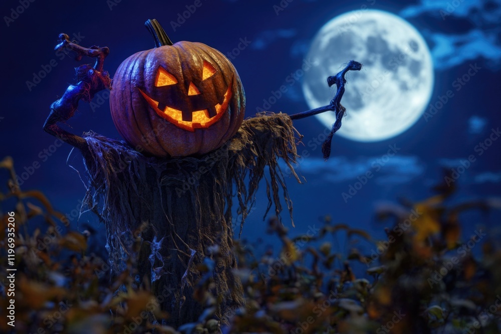 Fototapeta premium A carved pumpkin sits alone in a field, illuminated by the light of a full moon