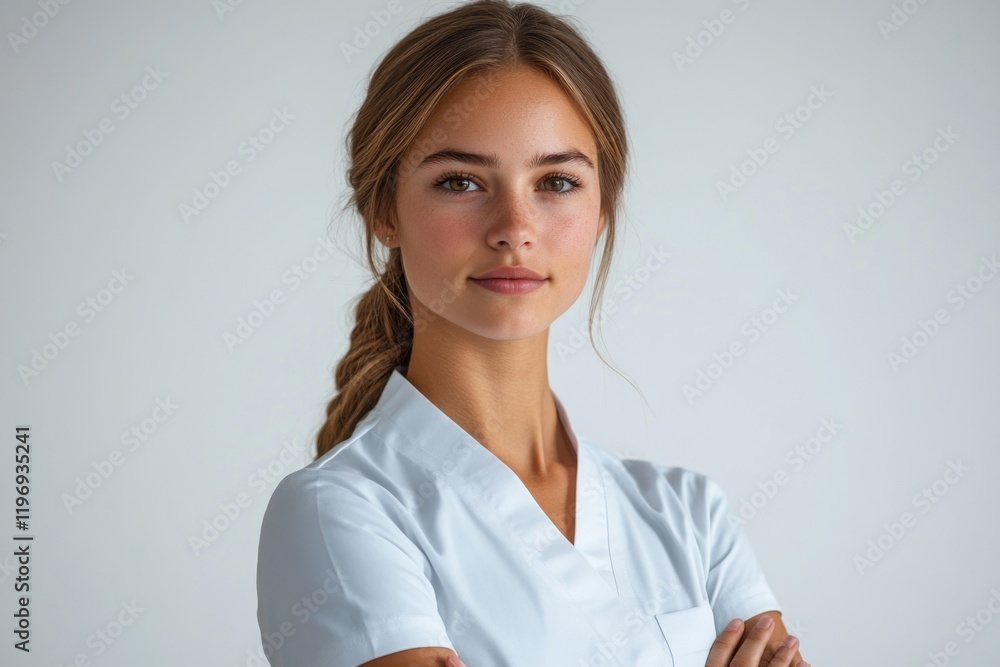 A woman poses for a photo wearing a white shirt, looking straight at the camera A woman poses for a photo wearing a white shirt, looking straight at the camera