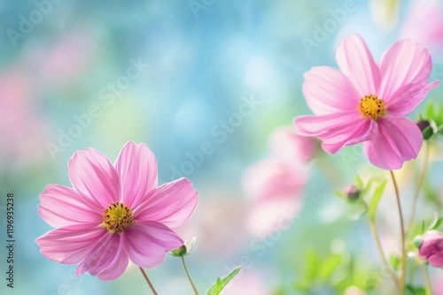Bright pink flowers bloom against a soft, blurred background suitable for text placement in a serene setting. Generative AI
