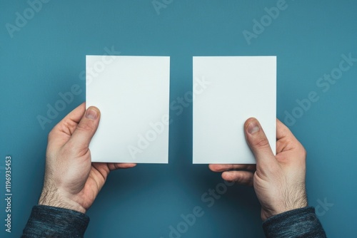 Two hands holding two notepads against blue background. photo