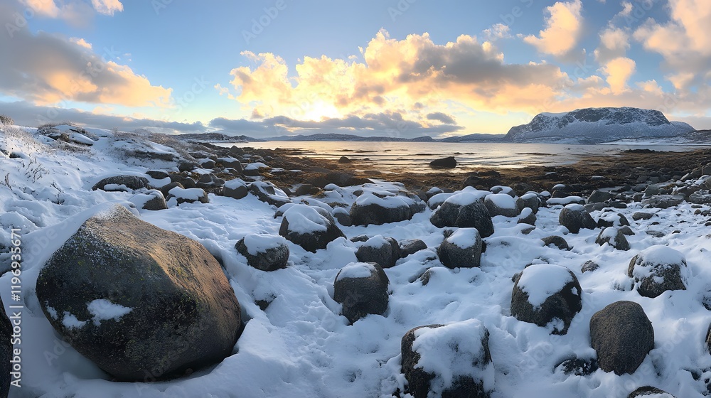 Snowy Beach with Frozen Rocks Snowy Beach with Frozen Rocks