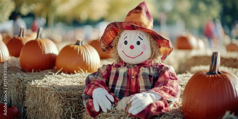 A scarecrow sits on top of stacked hay, surrounded by pumpkins A scarecrow sits on top of stacked hay, surrounded by pumpkins