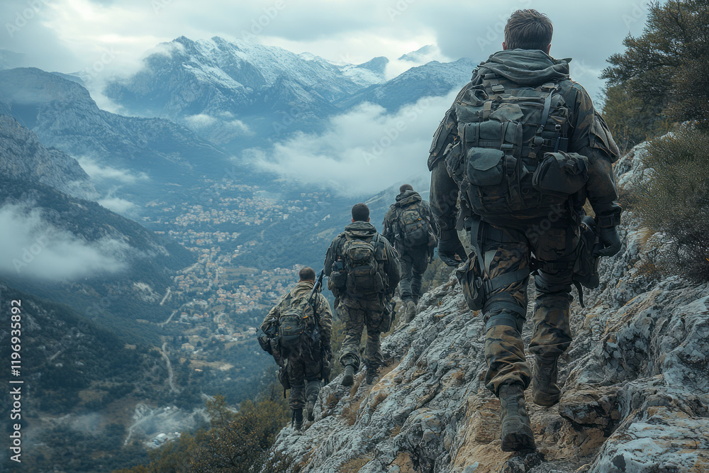 Mountain warfare training: a platoon scaling rugged cliffs, then establishing a secure overwatch position high above the valley, Mountain warfare training: a platoon scaling rugged cliffs, then establishing a secure overwatch position high above the valley,