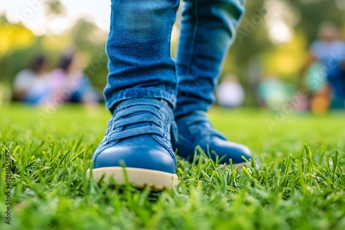 Child s Blue Shoes on Grass  Outdoors  Summer Fun photo