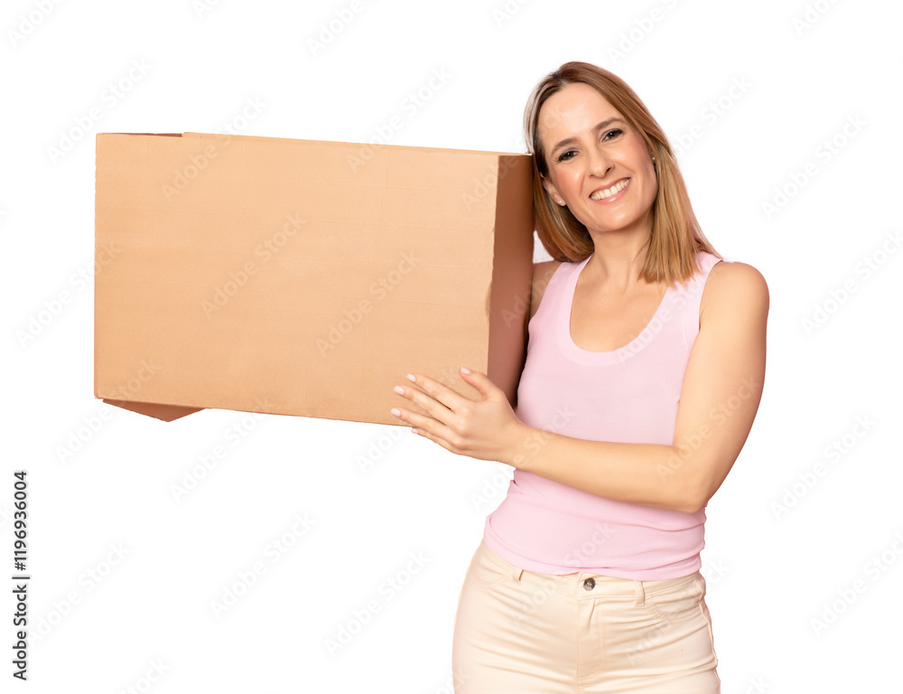 post, package and delivery concept - smiling woman in casual clothes with a box over transparent background. PNG transparent. post, package and delivery concept - smiling woman in casual clothes with a box over transparent background. PNG transparent.
