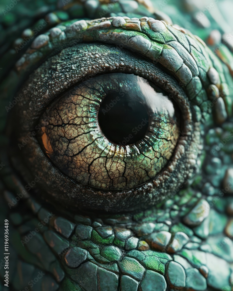 Fototapeta premium Close-up iguana eye, textured skin, blurred background, nature documentary