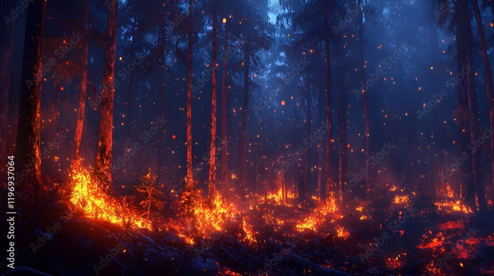 Fototapeta premium Forest fire erupts in dense woods captured in dramatic night scene highlighting environmental crisis