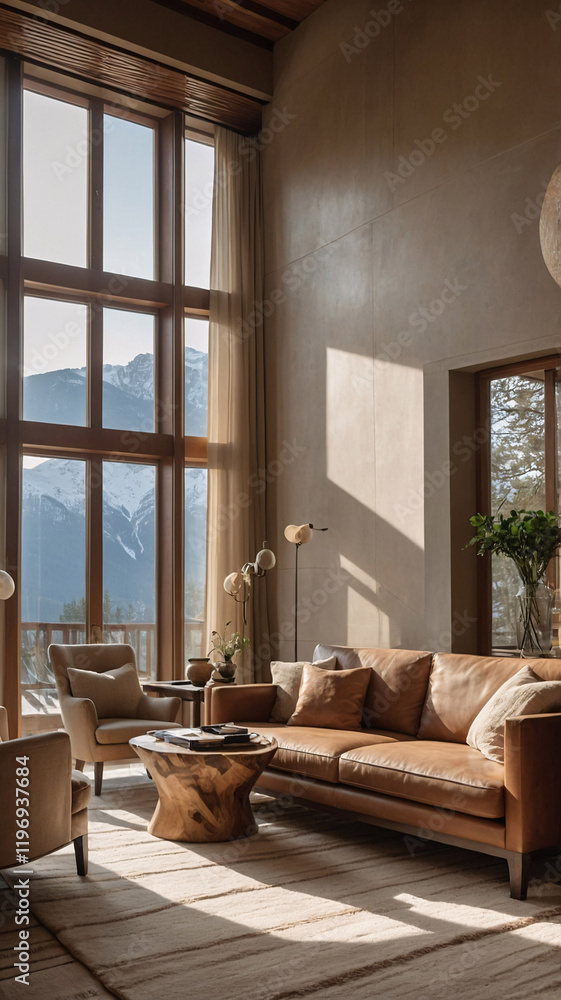 Inviting Earth Tone European Living Room with Soft Sunlight and Stunning Mountain View Interior Design Inspiration Inviting Earth Tone European Living Room with Soft Sunlight and Stunning Mountain View Interior Design Inspiration