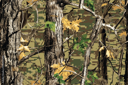 Hunting and Military Camouflage with Real Tree Forest Details in a Seamless Pattern