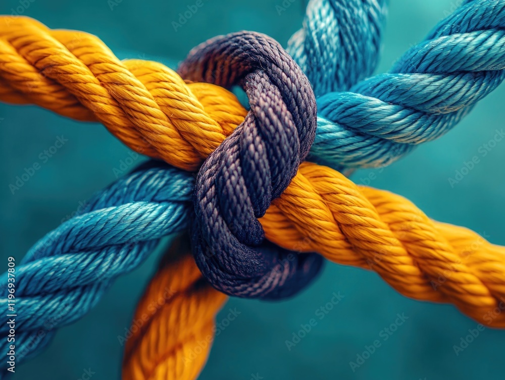 Rope with a knot in it is tied to another rope. The rope is blue and yellow Rope with a knot in it is tied to another rope. The rope is blue and yellow