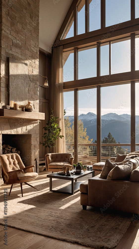 Fototapeta premium Inviting European Living Room Bathed in Soft Morning Sunlight and Framed by Mountain Views Interior Design Inspiration