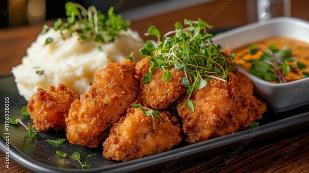 Crispy Fried Chicken Bites, Mashed Potatoes, Sauce, Garnish Crispy Fried Chicken Bites, Mashed Potatoes, Sauce, Garnish