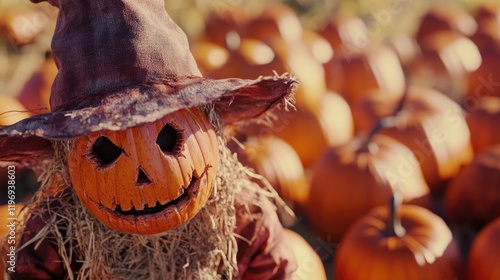 A traditional Halloween scene with a scarecrow on a pumpkin patch, perfect for autumn or harvest themed designs photo