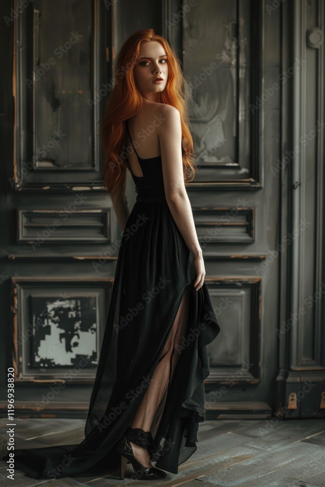 Woman in a black dress with sheer overlay, red hair and high heels. High fashion, elegant and stylish modeling. Woman in a black dress with sheer overlay, red hair and high heels. High fashion, elegant and stylish modeling.