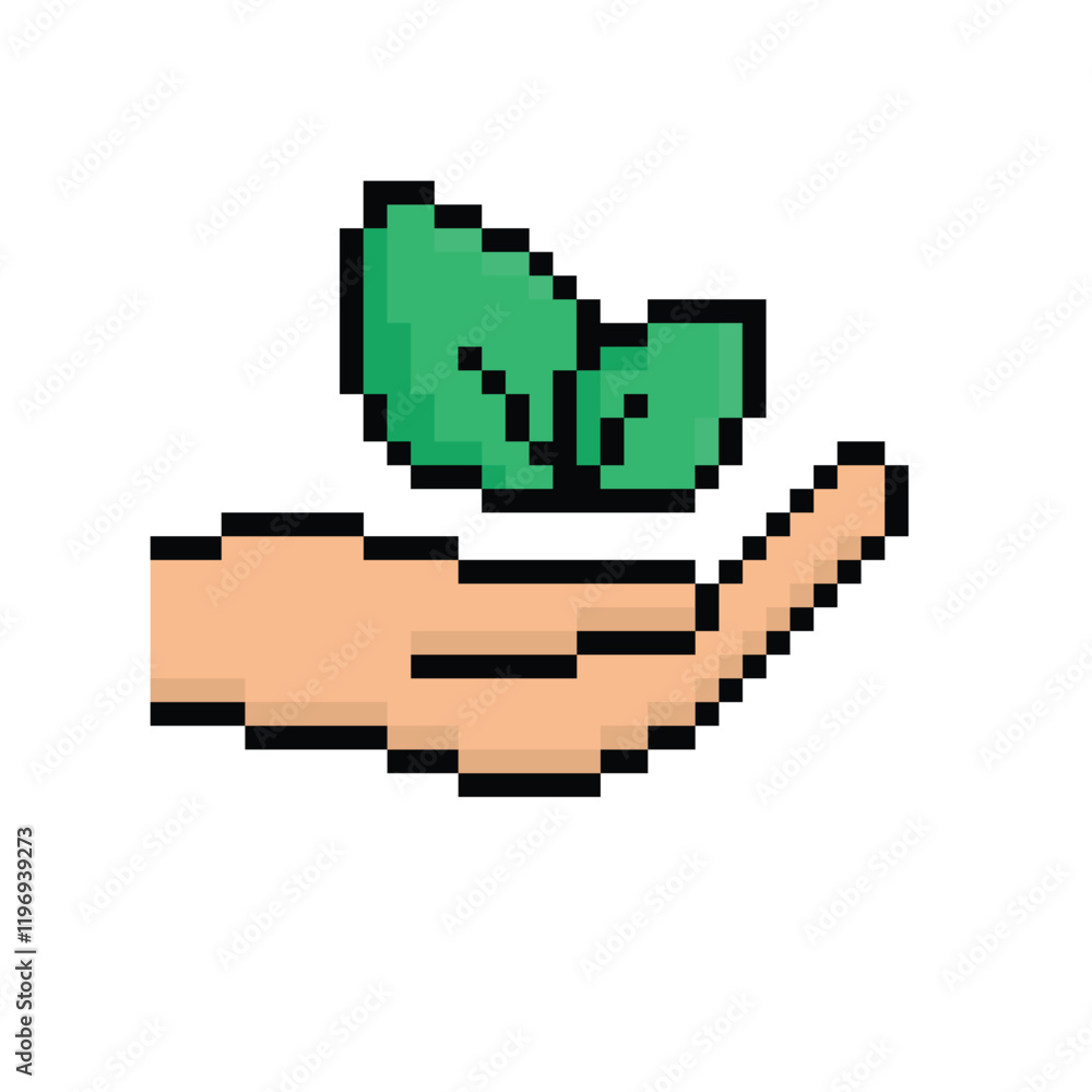 Obraz premium pixel hand holds Leaf sign icon. eco ecology sign art icon vector 8 bit game 