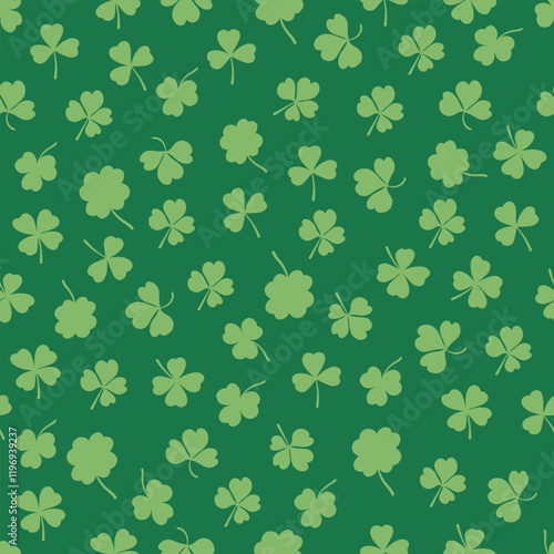 Shamrock or clover leaf flat design green seamless pattern falling leaves on white background vector illustration. Irish holiday celtic St Patrick day motif seamless pattern with shamrock clover leaf.