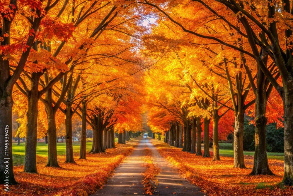 Fototapeta premium Autumn's vibrant orange and yellow foliage blaze along a panoramic pathway.