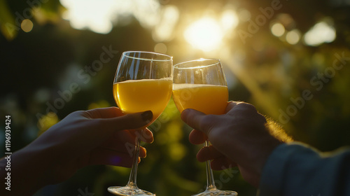 Zwei Gläser Orangensaft stoßen im sommerlichen Gartenlicht an photo