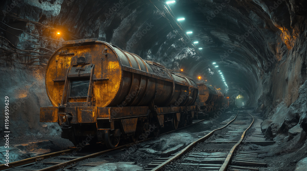 Illustration of a mining tunnel background, excavators and bulldozers working at a construction site at night Illustration of a mining tunnel background, excavators and bulldozers working at a construction site at night