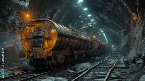 Illustration of a mining tunnel background, excavators and bulldozers working at a construction site at night photo