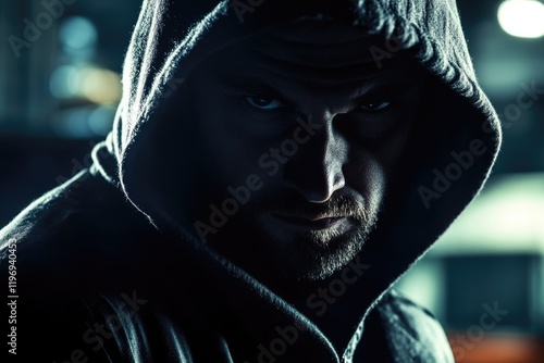 A person wearing a hooded jacket looks directly at the camera, with a serious expression photo