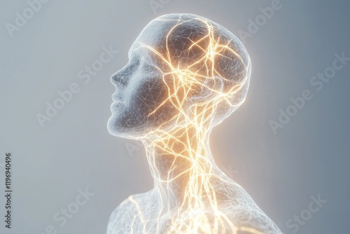 A human figure made of glowing neural networks, visualizing a conceptual representation of the nervous system or artificial intelligence on a light background
