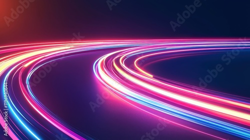 Abstract glowing road curves at night, speed, motion blur, digital art
