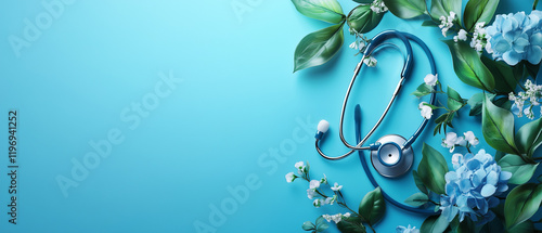 Healthcare Renewal: A stethoscope rests gracefully amidst a vibrant display of spring blooms and lush foliage, symbolizing the rejuvenation and hope associated with healthcare.  