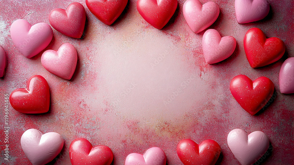 Fototapeta premium Decorative hearts in pink and red surrounding an empty space, soft romantic gradient background.