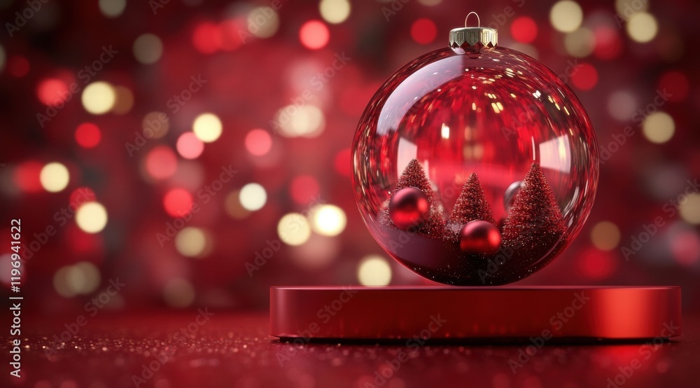 Obraz premium 3D red podium with Christmas decoration inside a ball-shaped frame, minimalistic background 