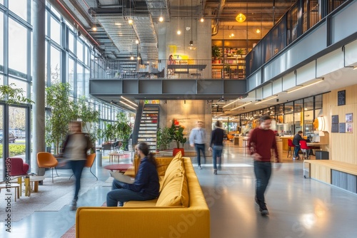Group of office employees at coworking center. Business people walking at modern open space. Motion blur. Concept, Generative AI