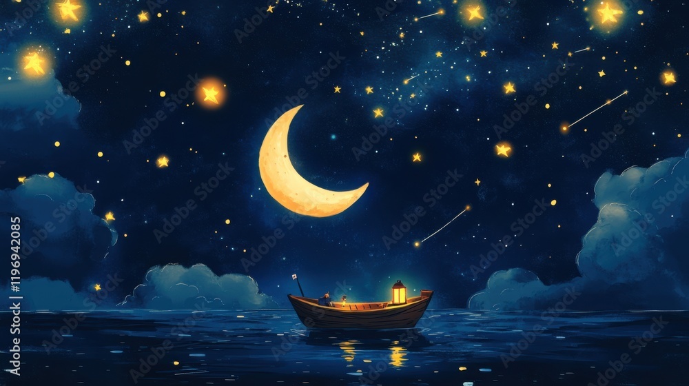 Naklejka premium A starry night sky filled with shooting stars, a giant crescent moon,