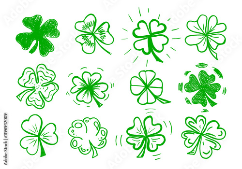 Lucky four, three clover shamrock leaf icon hand drawn style vector illustration set. Irish celtic St Patrick Day logo shamrock clover leaf symbol collection. Luck and happiness floral Irish ornament.