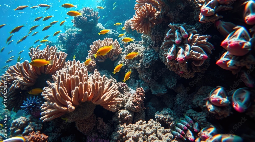 Fototapeta premium underwater scene, vibrant coral reef teeming with exotic fish, bright saturated colors, energetic movement