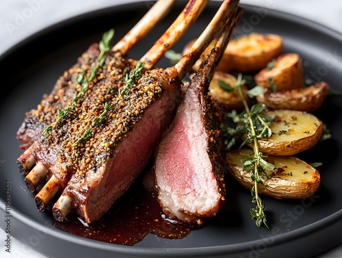 Delicious rack of lamb served with roasted potatoes and herbs on a stylish plate photo