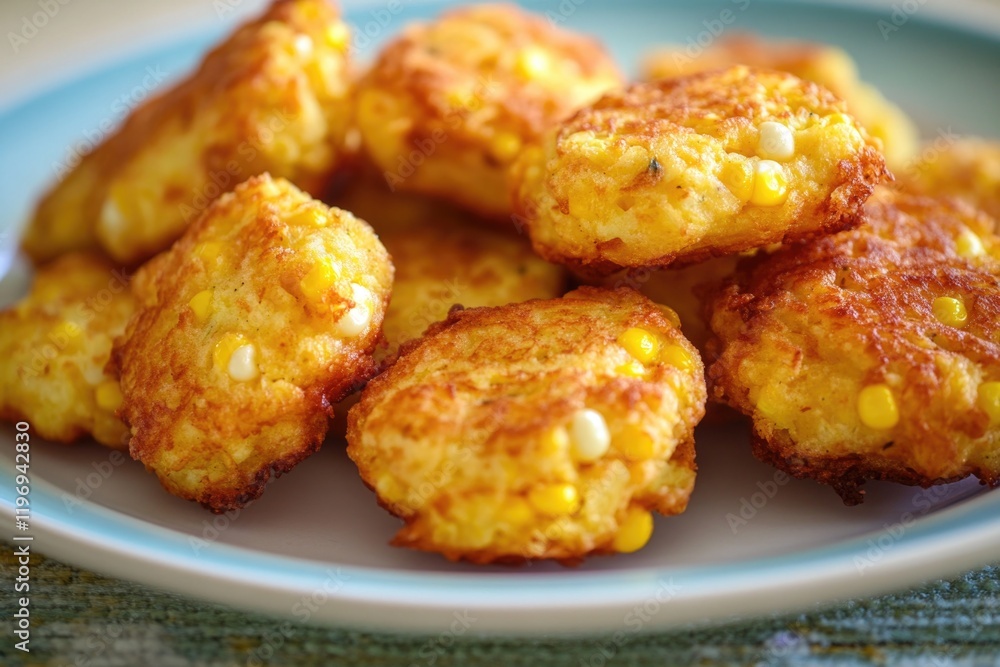 A plate of crispy fried corn fritters served warm, great for snacks or appetizers A plate of crispy fried corn fritters served warm, great for snacks or appetizers
