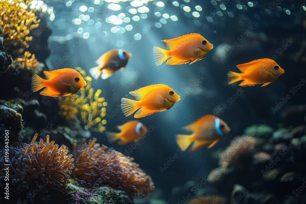 Fototapeta premium A vibrant aquarium scene featuring a variety of tropical fish swimming among colorful corals and plants,