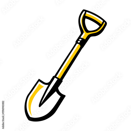 Graphic representation of a shovel with a yellow handle, ideal for gardening and outdoor tasks