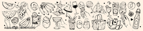 Summer fresh fruit beverages doodle set, vector hand drawn tropical drinks, beach refreshment sketch. Exotic jungle cocktail, watermelon slice, hand with ice cream cone, lemonade. Summer cocktail kit