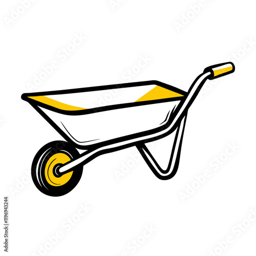 Stylized illustration of a wheelbarrow with yellow accents for gardening and construction themes