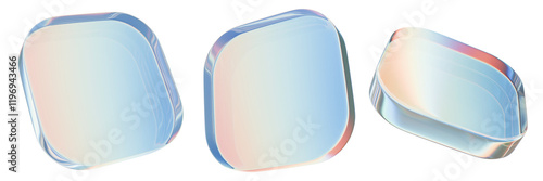 3D glass square panel set, geometric abstract holographic rectangle figure, acrylic glossy material. Cyber shiny plastic screen, transparent gradient blue badge icon. 3D glass render empty plate angle