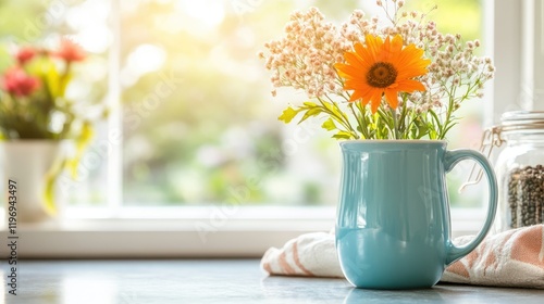 Wallpaper Mural A cozy morning scene with a coffee mug, fresh flowers in a vase, and natural light on the kitchen counter. Torontodigital.ca