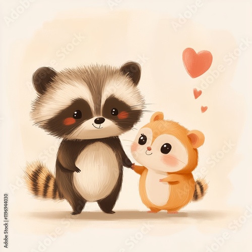 Cute raccoon and adorable orange animal hold paws in a loving gesture photo